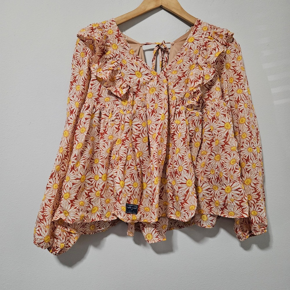Simply Southern‎ Daisy Floral Ruffle Babydoll Blouse Orange Yellow Womens Small